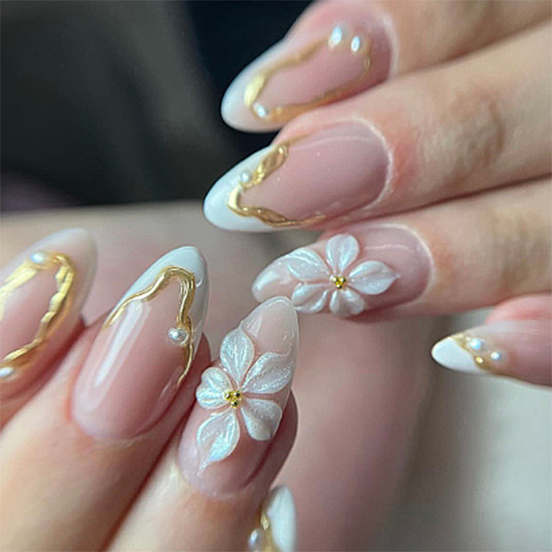 Nail Art Full Design - 24 szt. Kwiatowe Długie Migdałowe Sztuczne